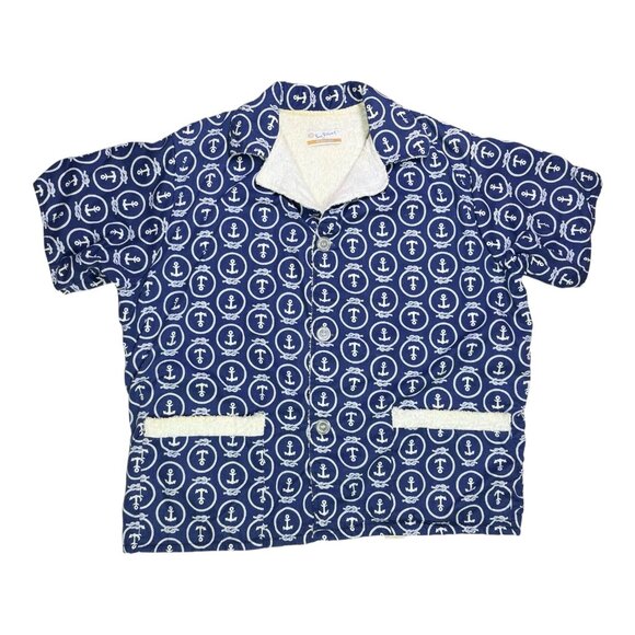 Vintage 50s or 60s Sea Island Men's L Terrycloth Lined Beach Shirt Anchors Print - Picture 1 of 10